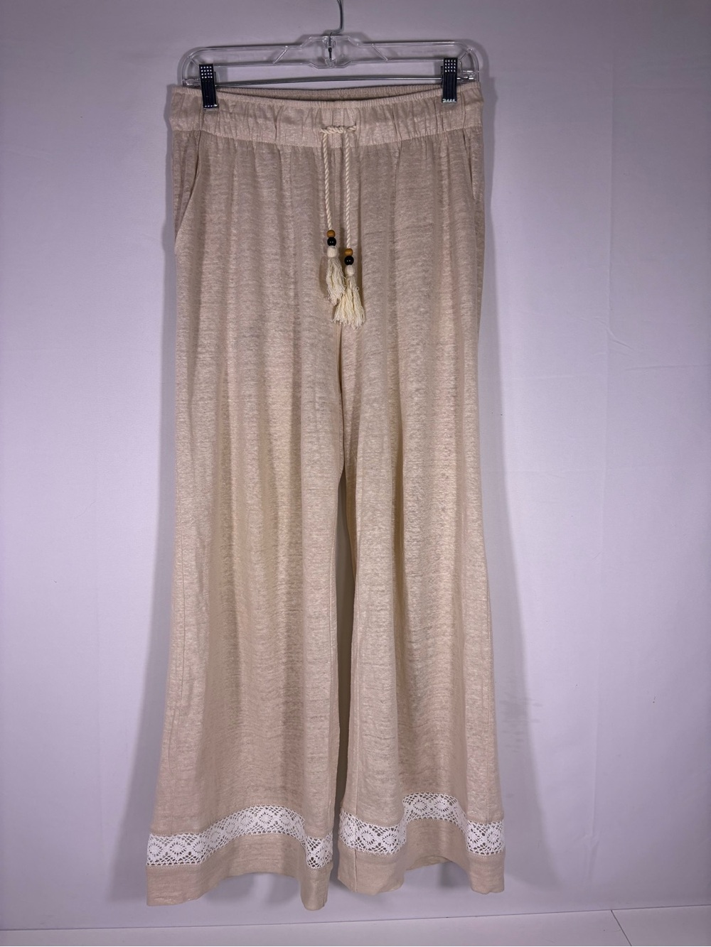Rachel Zoe 100% Linen Wide Leg Pants Tassel Drawstring Lacy Hem Beige M